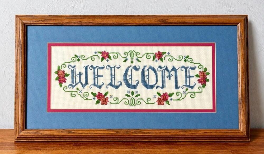 Vintage 1980s Hand-Stitched Welcome Cross Stitch Sampler, Floral Needlepoint